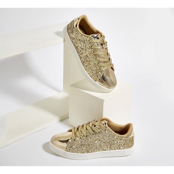 Women's Gold Glitter Shoes Sparkly Bling Shiny Bedazzled Lace Up Sneaker - Picture 6 of 9